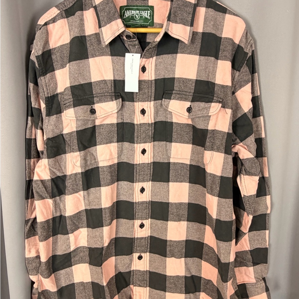 American Eagle Outfitters Peach and Black Plaid Button-Down Shirt